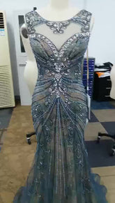 Elegant Vintage Heavy Rhinestone Beaded Tulle Mermaid Evening Dress - FashionByTeresa